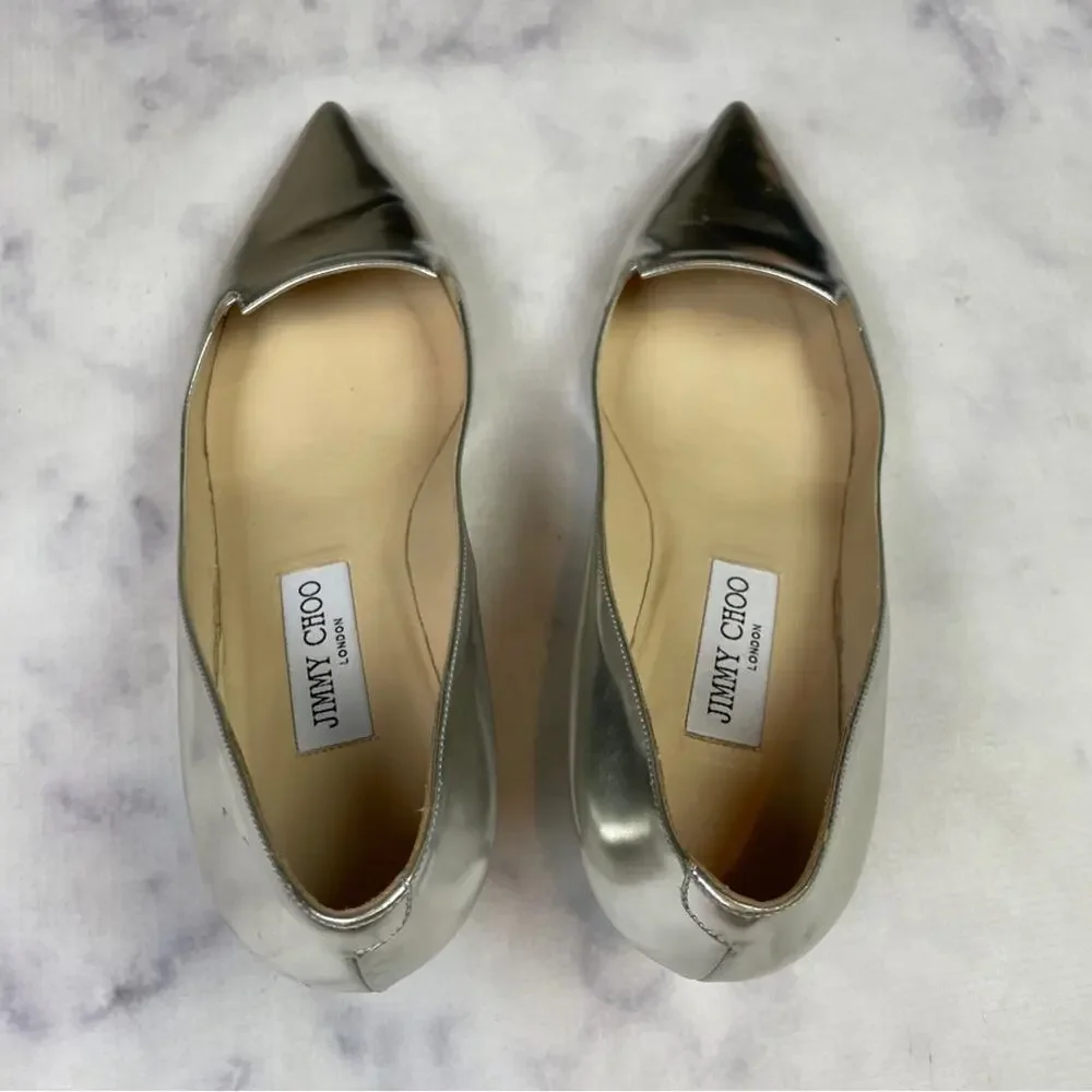 Jimmy Choo Allure Silver Metallic Pumps Kitten Heel Pointed Toe Sz 39.5